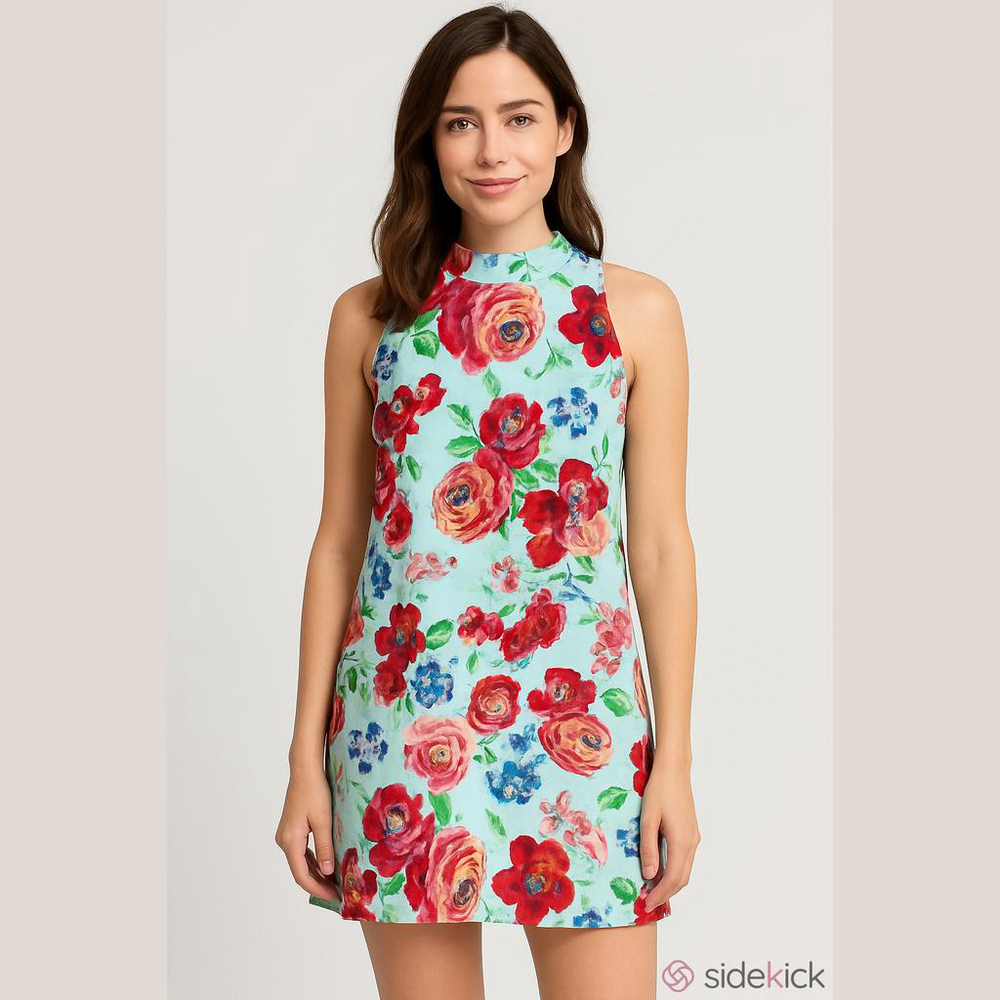 Everly Mint Floral High-Neck Mini Dress with Red & Blue Flowers